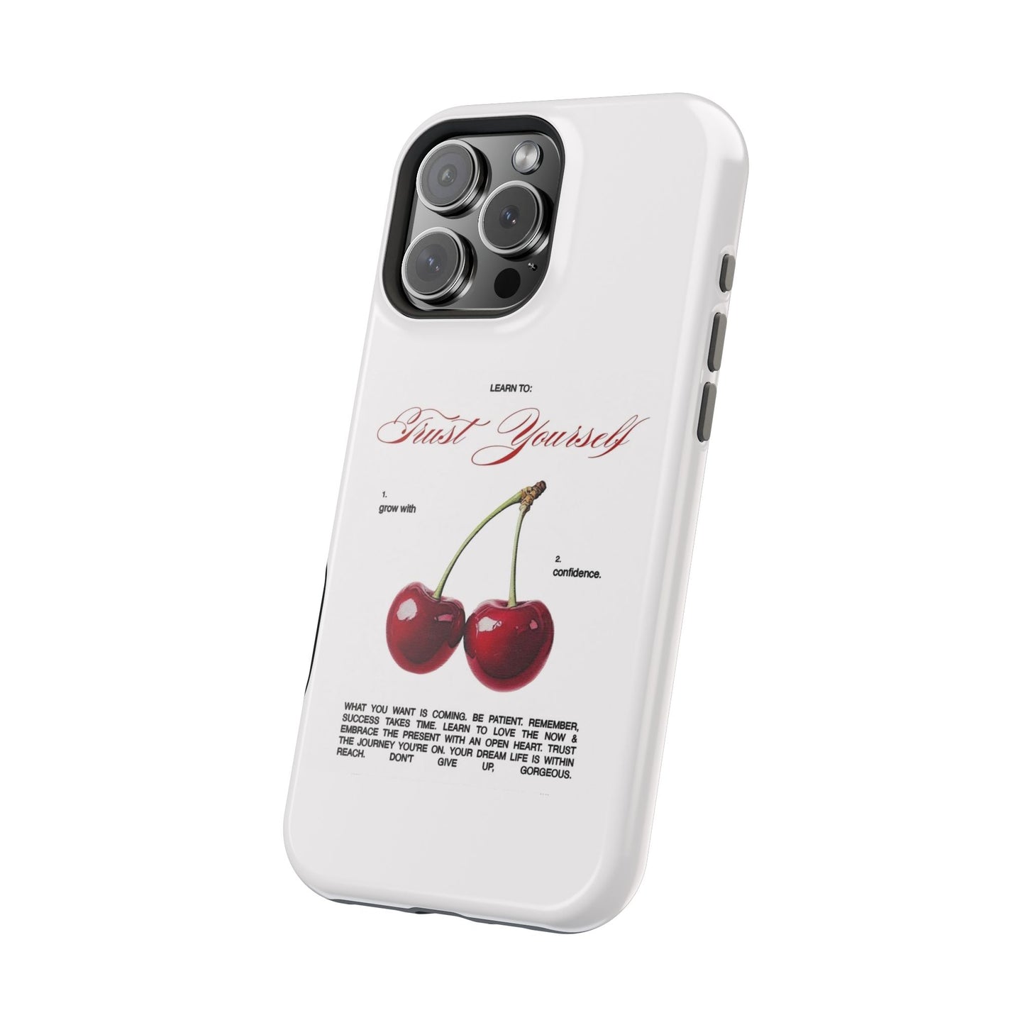 Magnetic IPhone Cases, Motivational Cherry Graphic, Fashionable Feminine Gift Idea, Durable Impact-Resistant, Fashion Accessory,