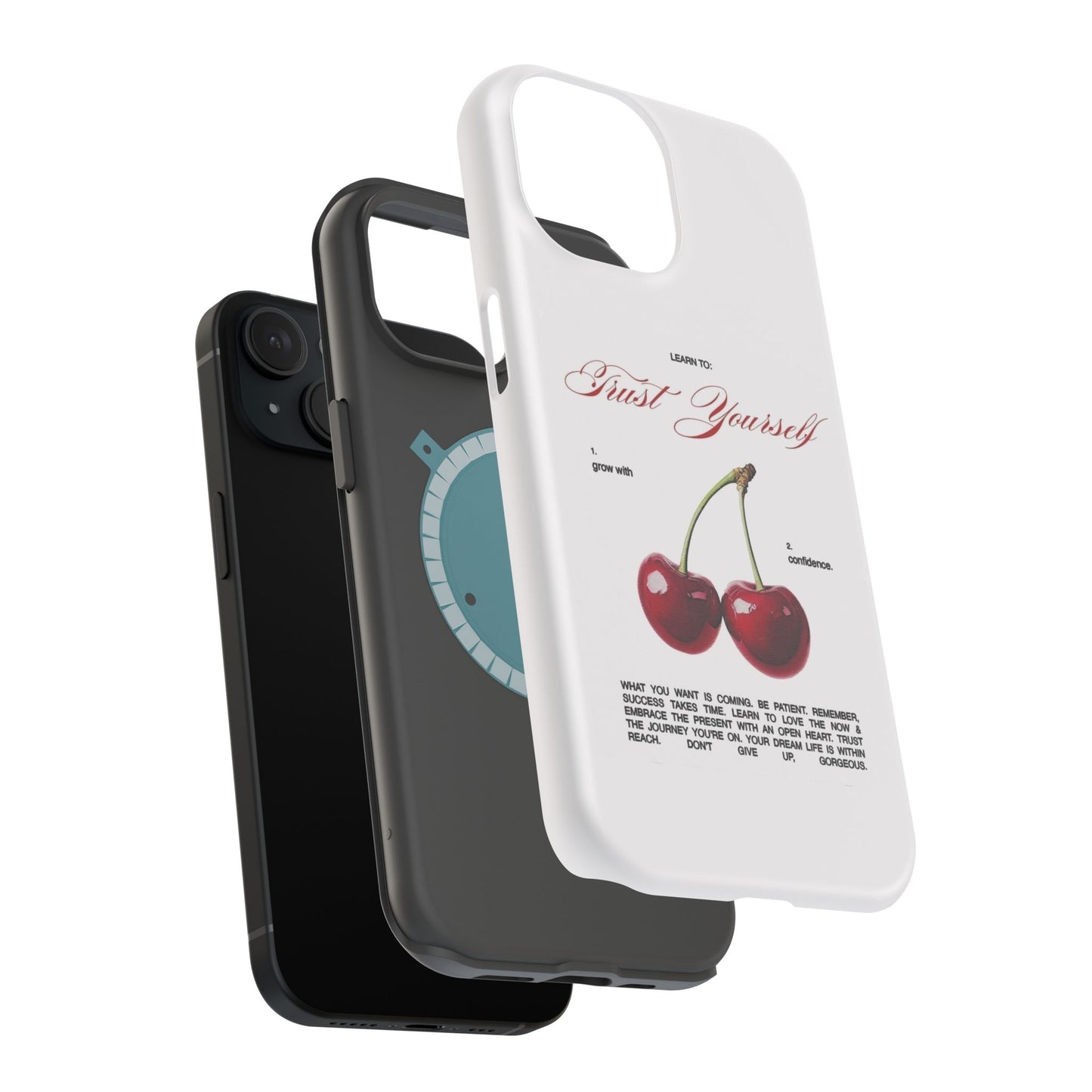 Magnetic IPhone Cases, Motivational Cherry Graphic, Fashionable Feminine Gift Idea, Durable Impact-Resistant, Fashion Accessory,