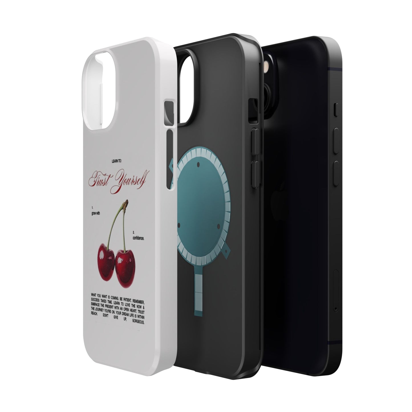Magnetic IPhone Cases, Motivational Cherry Graphic, Fashionable Feminine Gift Idea, Durable Impact-Resistant, Fashion Accessory,