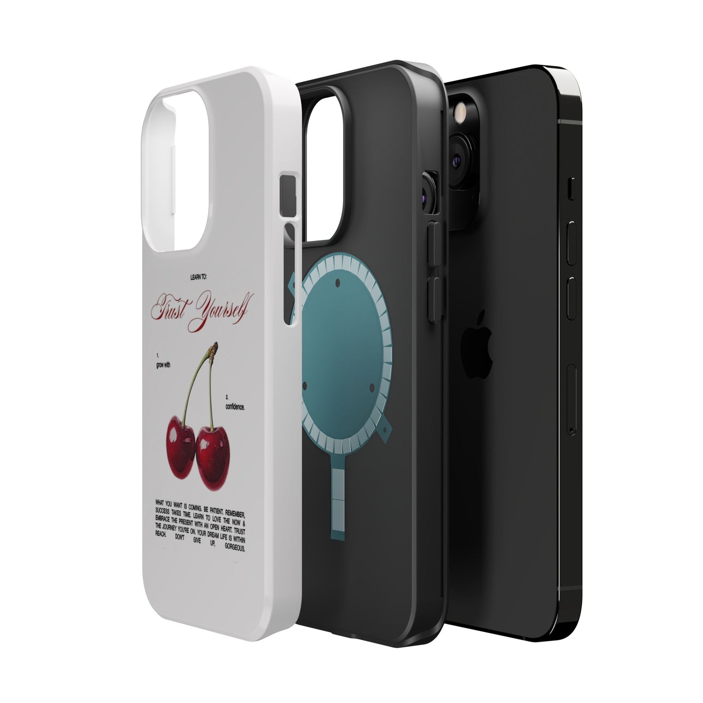 Magnetic IPhone Cases, Motivational Cherry Graphic, Fashionable Feminine Gift Idea, Durable Impact-Resistant, Fashion Accessory,