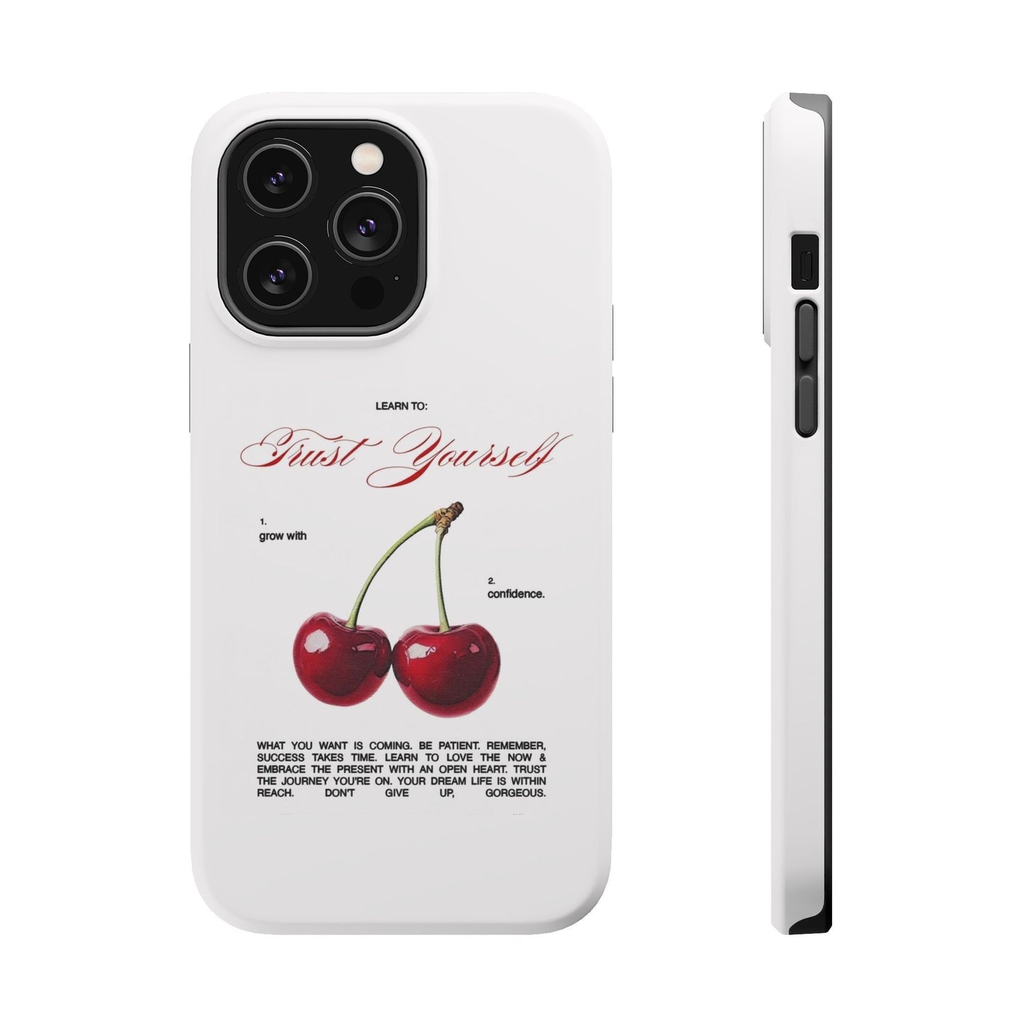 Magnetic IPhone Cases, Motivational Cherry Graphic, Fashionable Feminine Gift Idea, Durable Impact-Resistant, Fashion Accessory,