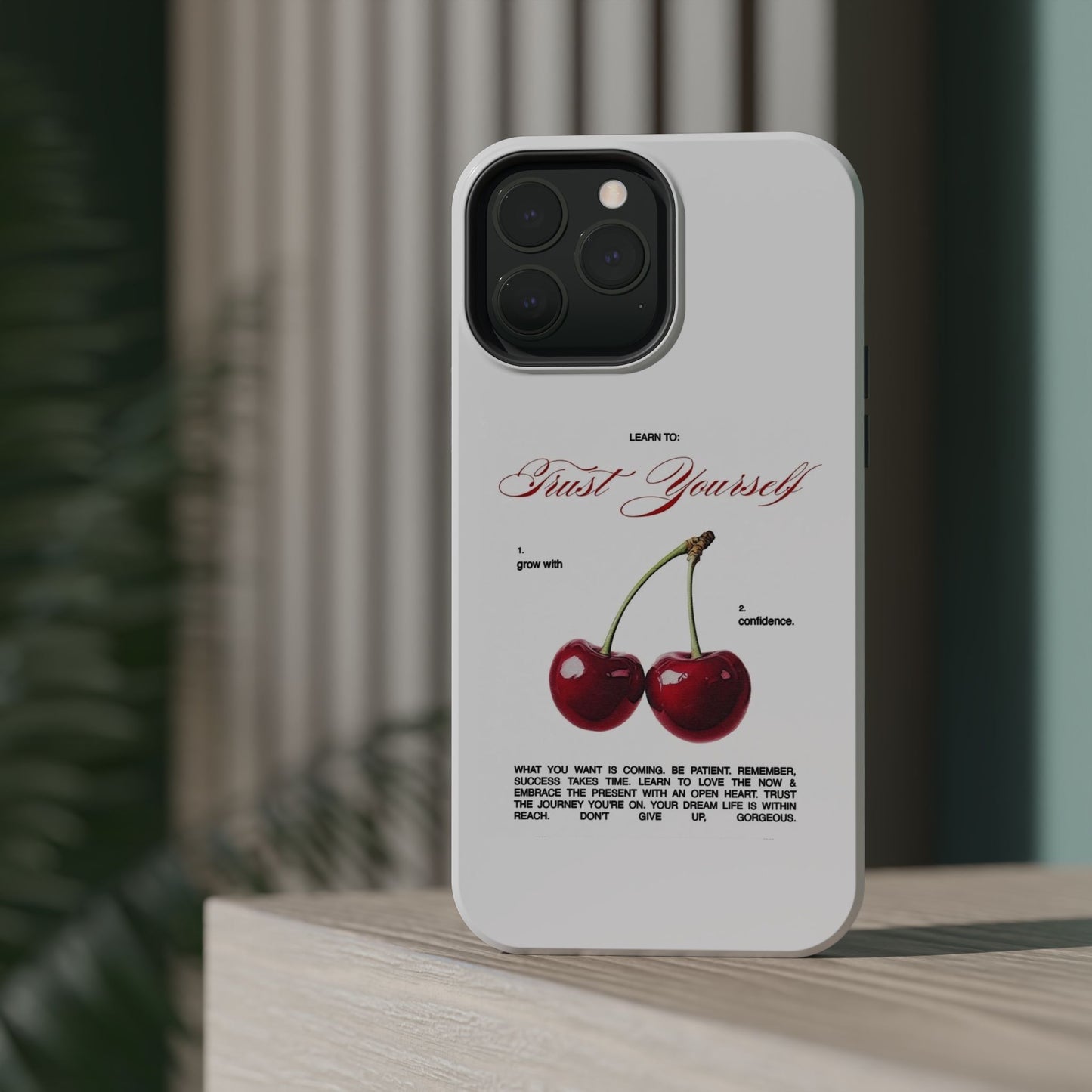 Magnetic IPhone Cases, Motivational Cherry Graphic, Fashionable Feminine Gift Idea, Durable Impact-Resistant, Fashion Accessory,