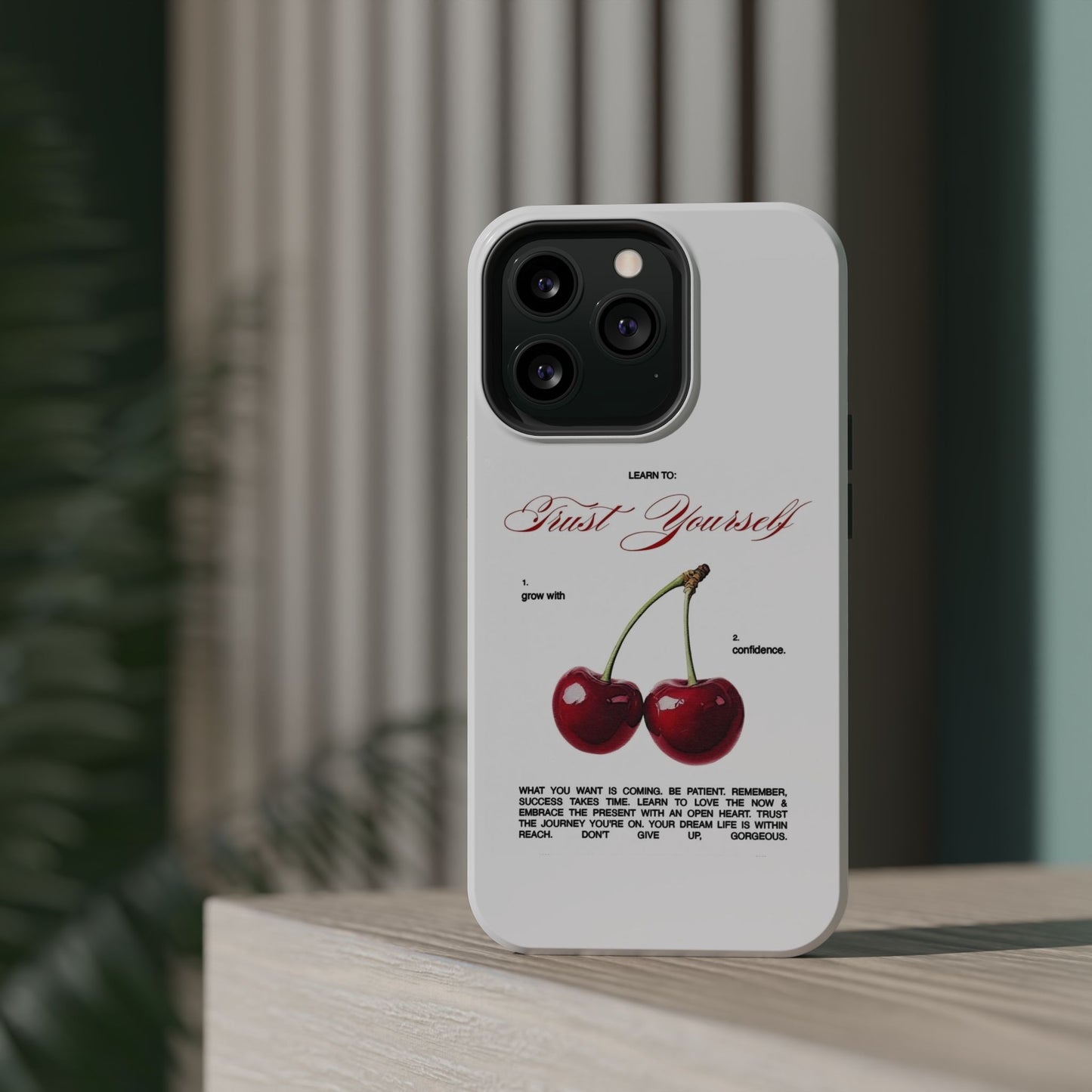 Magnetic IPhone Cases, Motivational Cherry Graphic, Fashionable Feminine Gift Idea, Durable Impact-Resistant, Fashion Accessory,