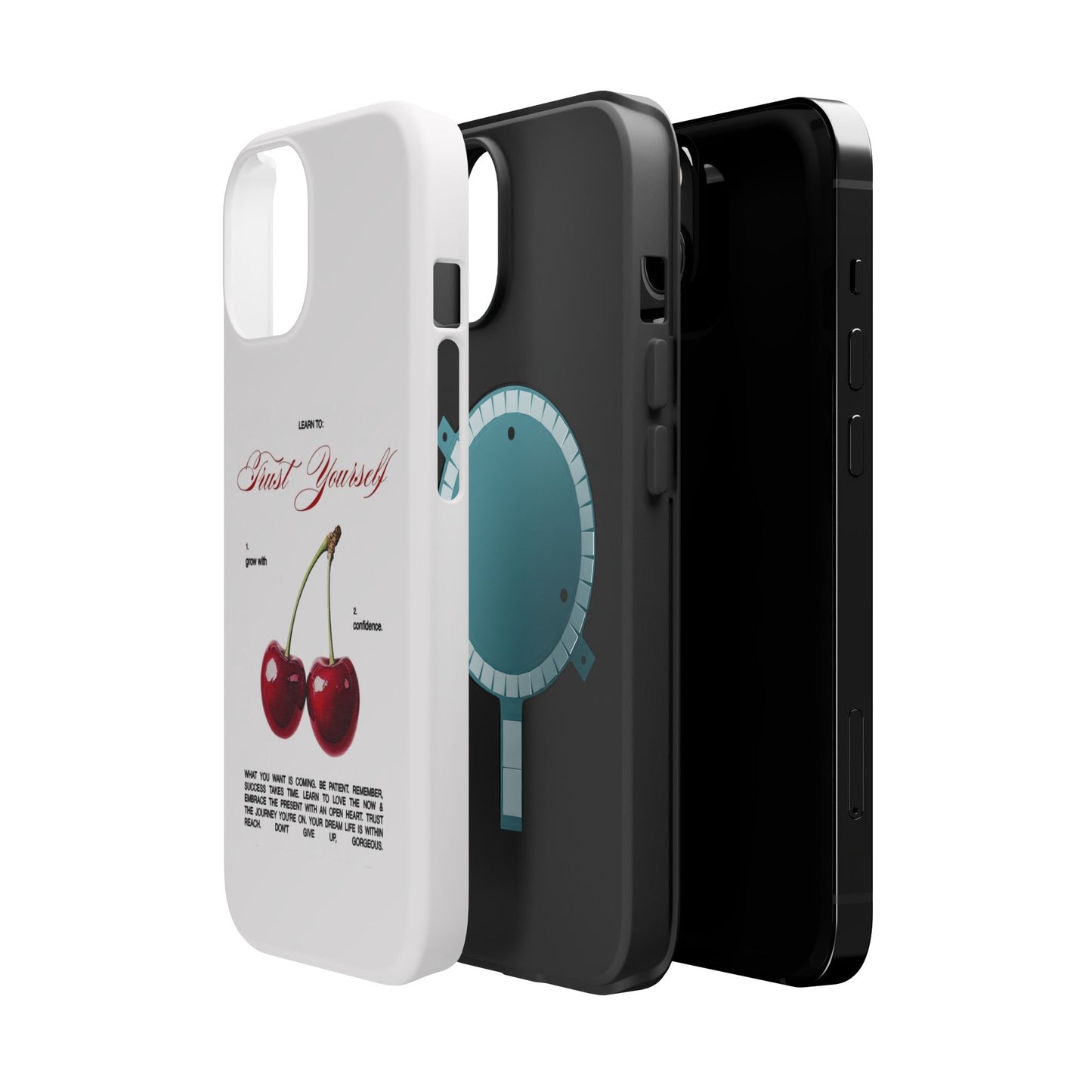 Magnetic IPhone Cases, Motivational Cherry Graphic, Fashionable Feminine Gift Idea, Durable Impact-Resistant, Fashion Accessory,