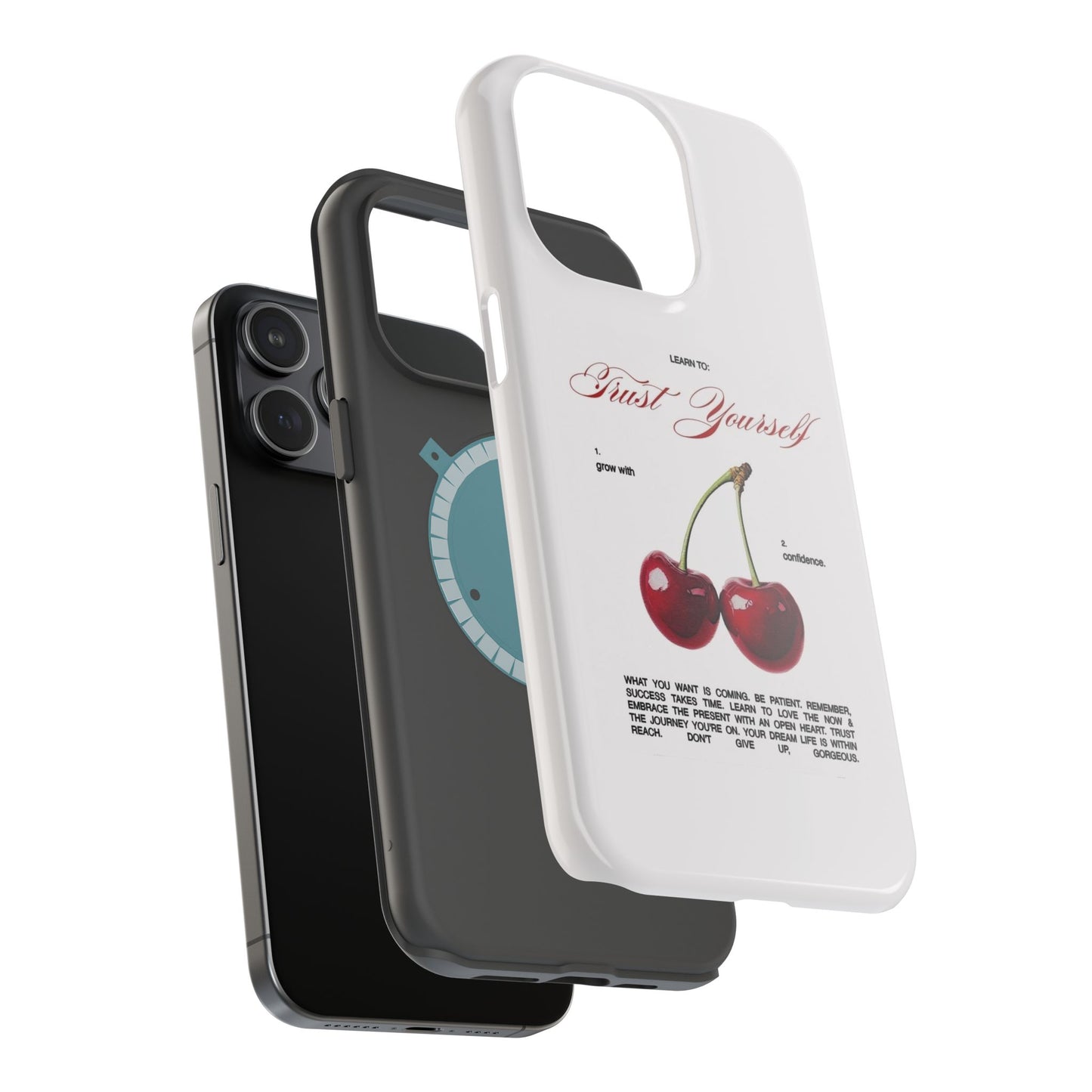 Magnetic IPhone Cases, Motivational Cherry Graphic, Fashionable Feminine Gift Idea, Durable Impact-Resistant, Fashion Accessory,