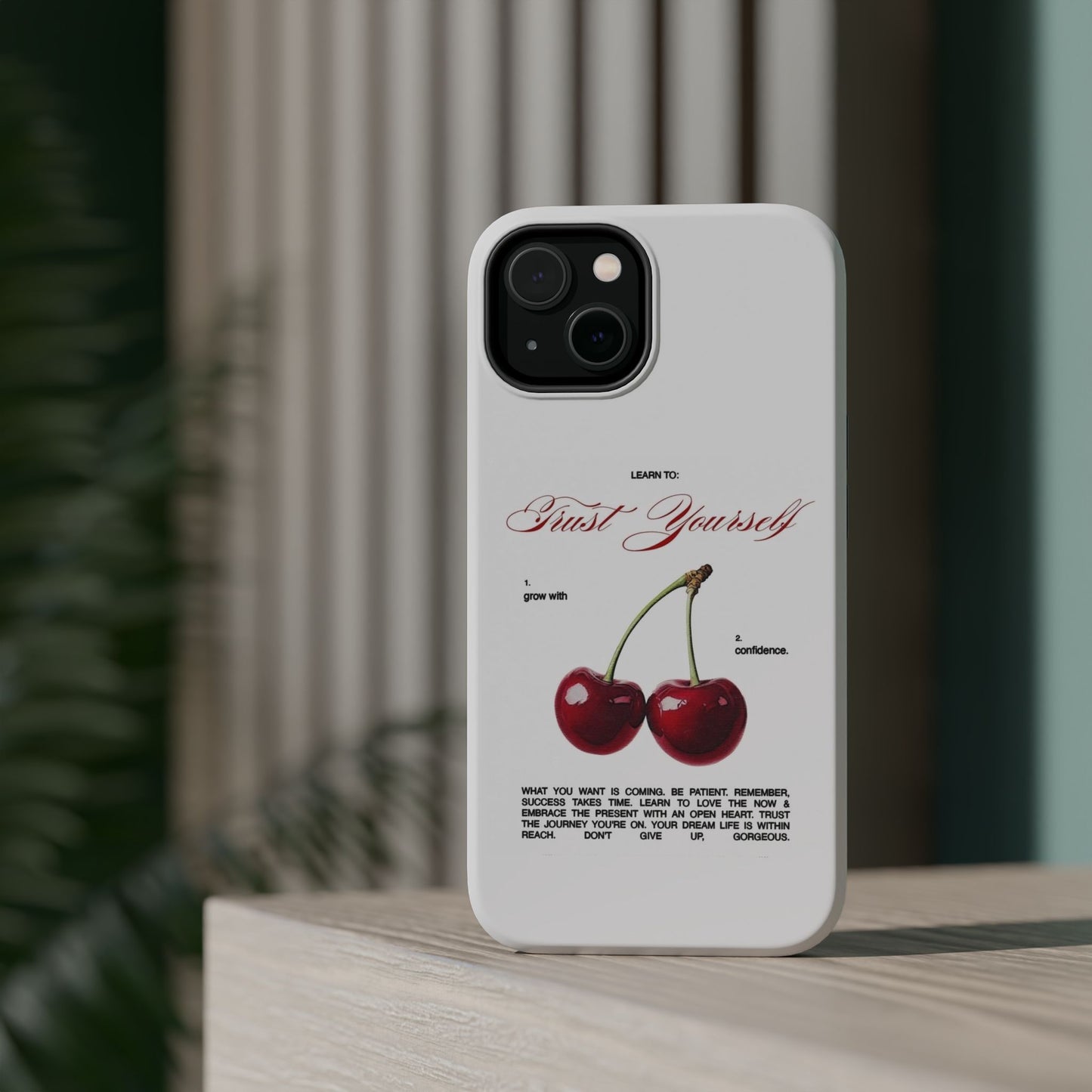 Magnetic IPhone Cases, Motivational Cherry Graphic, Fashionable Feminine Gift Idea, Durable Impact-Resistant, Fashion Accessory,