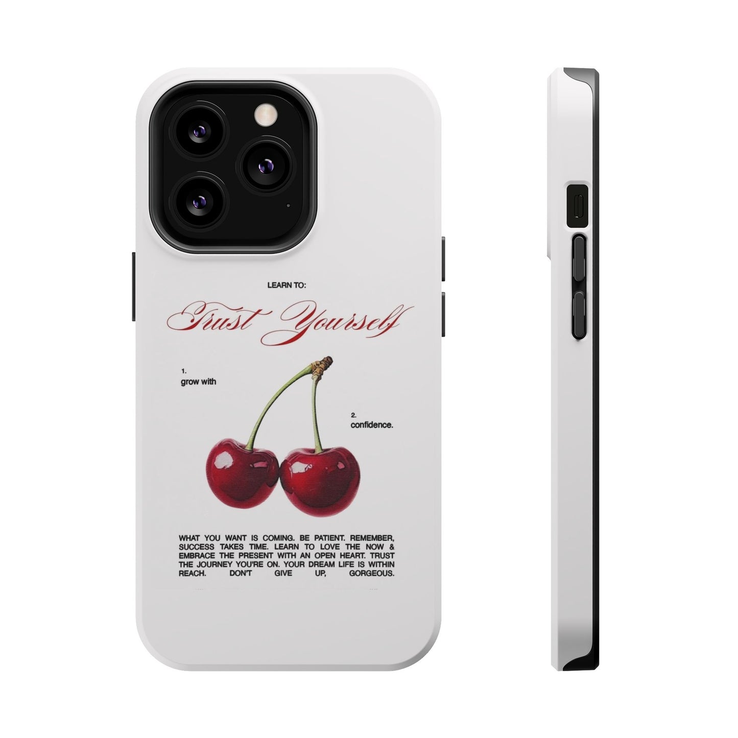 Magnetic IPhone Cases, Motivational Cherry Graphic, Fashionable Feminine Gift Idea, Durable Impact-Resistant, Fashion Accessory,