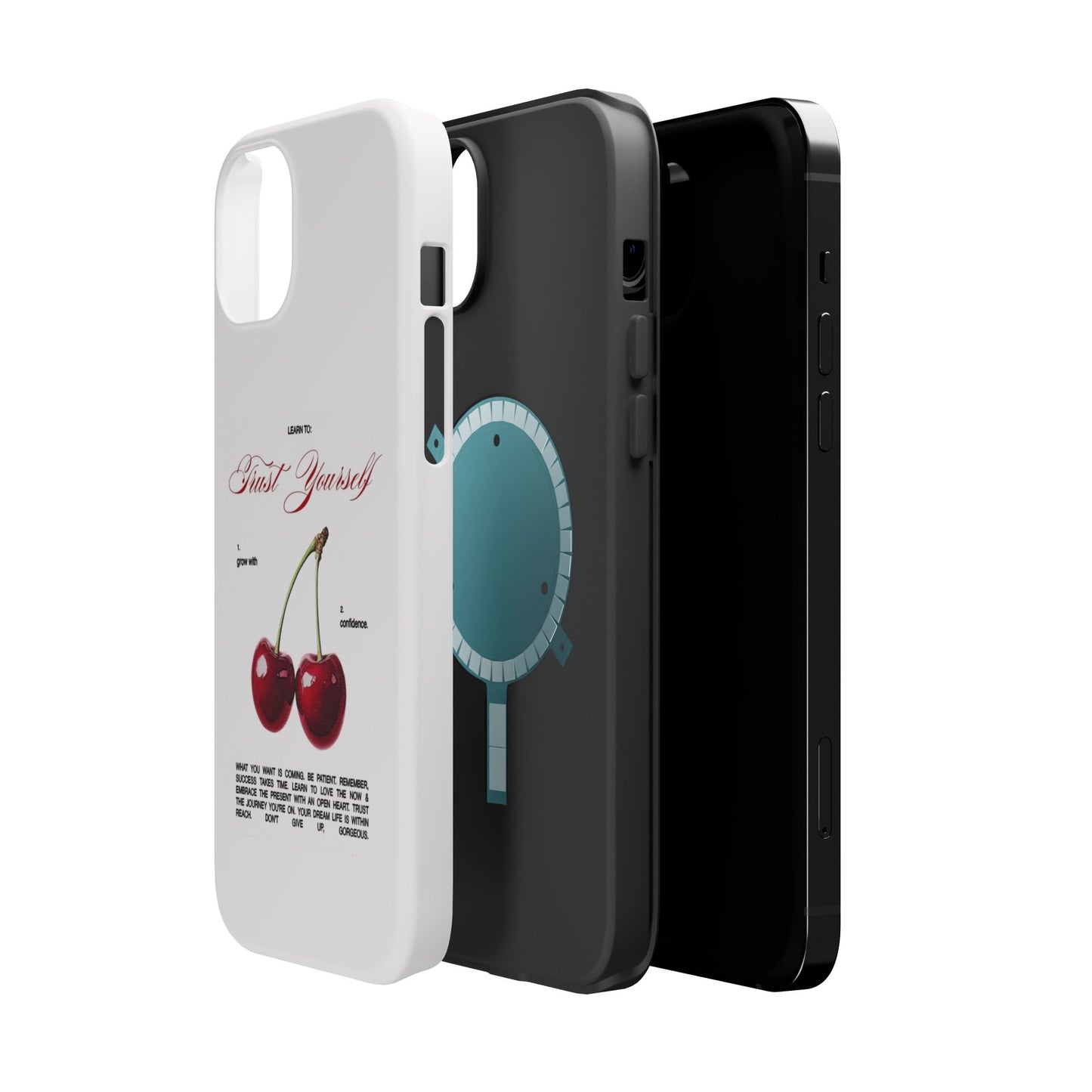 Magnetic IPhone Cases, Motivational Cherry Graphic, Fashionable Feminine Gift Idea, Durable Impact-Resistant, Fashion Accessory,