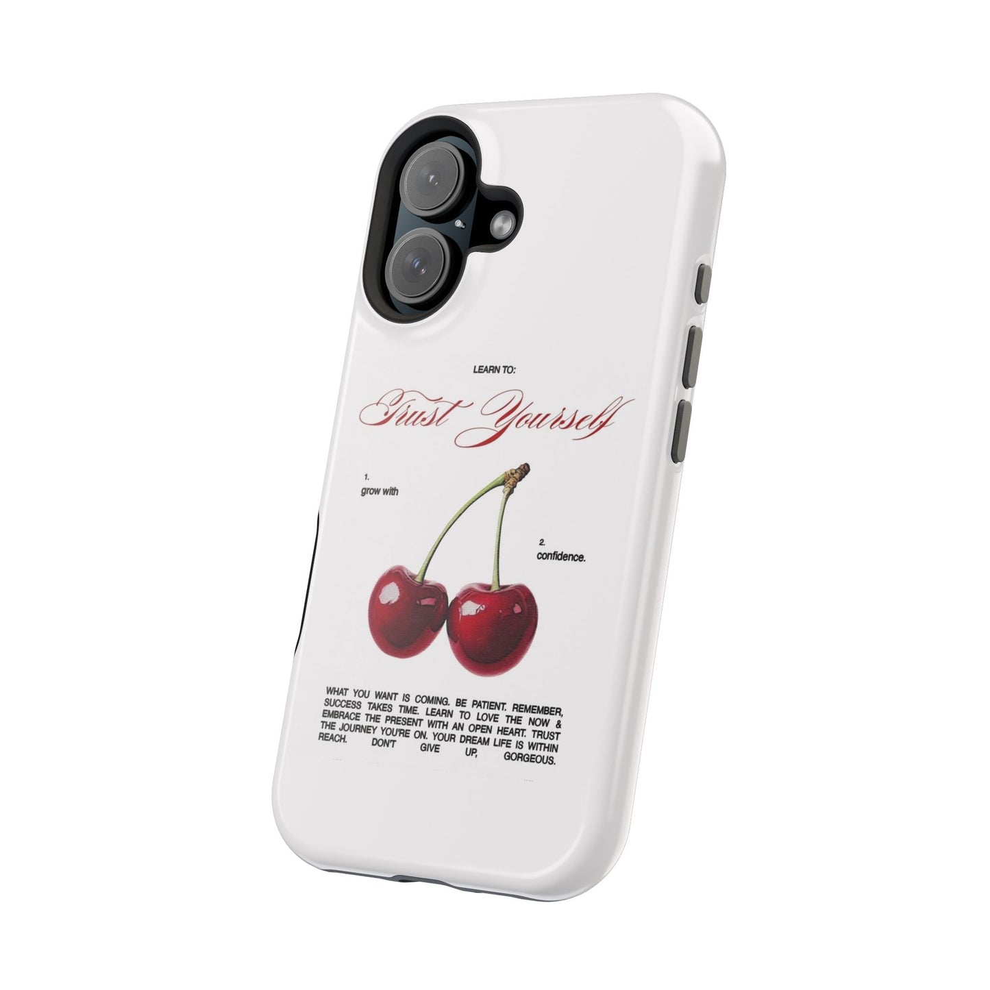 Magnetic IPhone Cases, Motivational Cherry Graphic, Fashionable Feminine Gift Idea, Durable Impact-Resistant, Fashion Accessory,