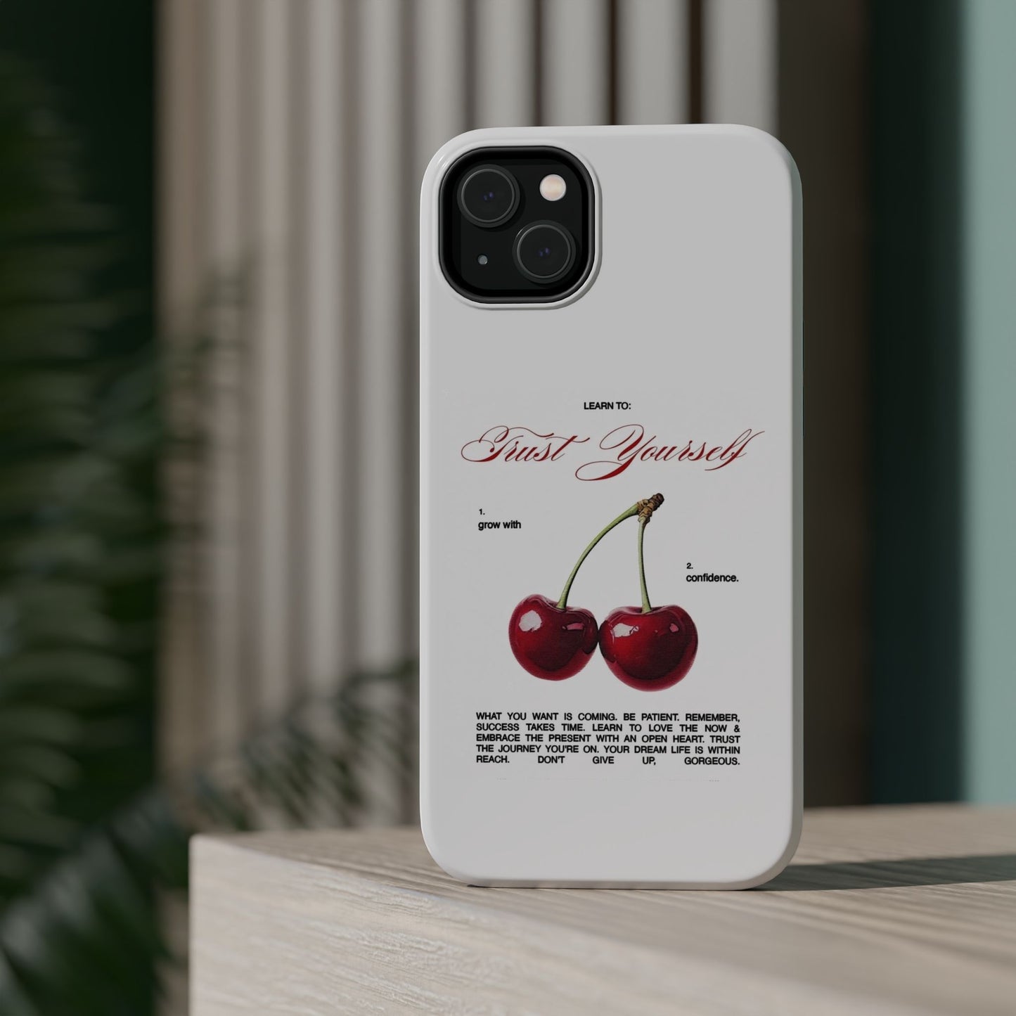 Magnetic IPhone Cases, Motivational Cherry Graphic, Fashionable Feminine Gift Idea, Durable Impact-Resistant, Fashion Accessory,