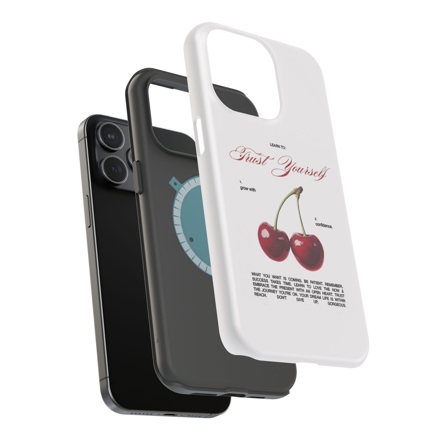 Magnetic IPhone Cases, Motivational Cherry Graphic, Fashionable Feminine Gift Idea, Durable Impact-Resistant, Fashion Accessory,