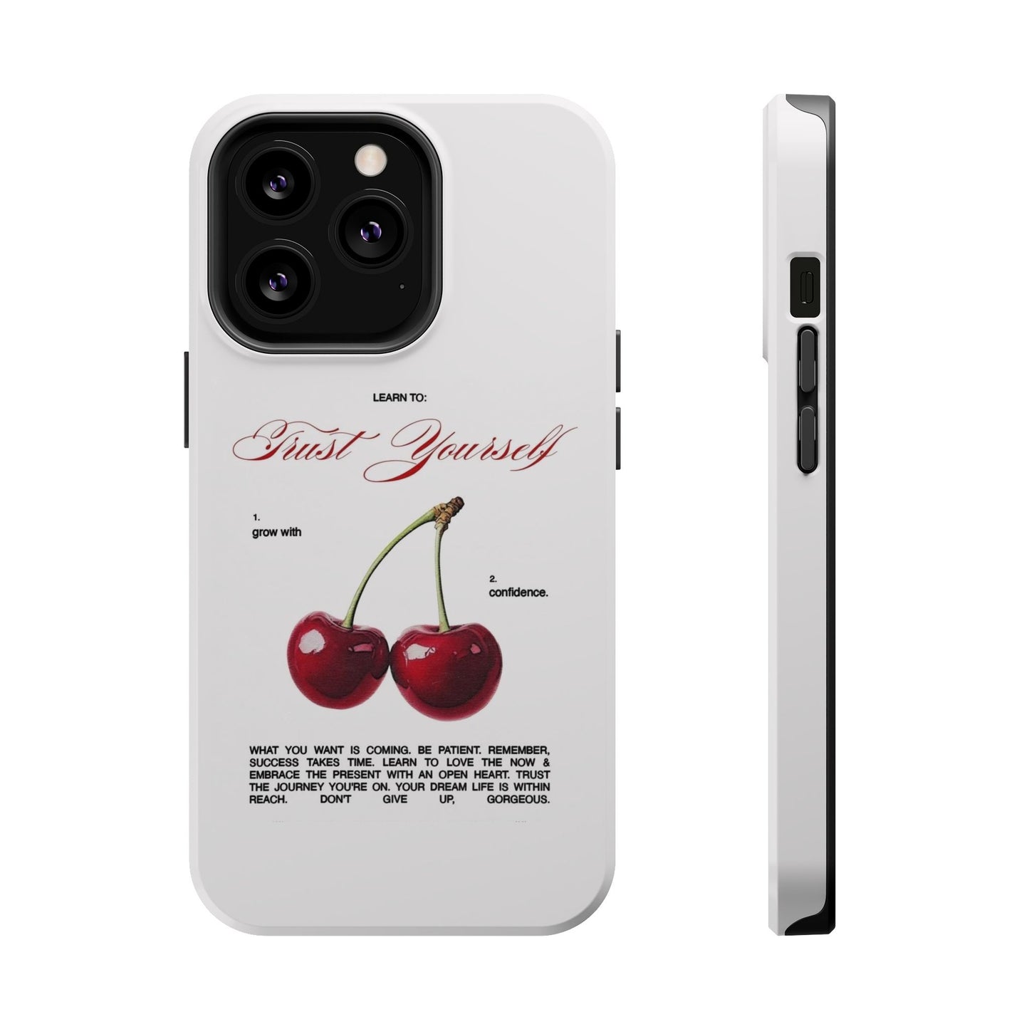 Magnetic IPhone Cases, Motivational Cherry Graphic, Fashionable Feminine Gift Idea, Durable Impact-Resistant, Fashion Accessory,