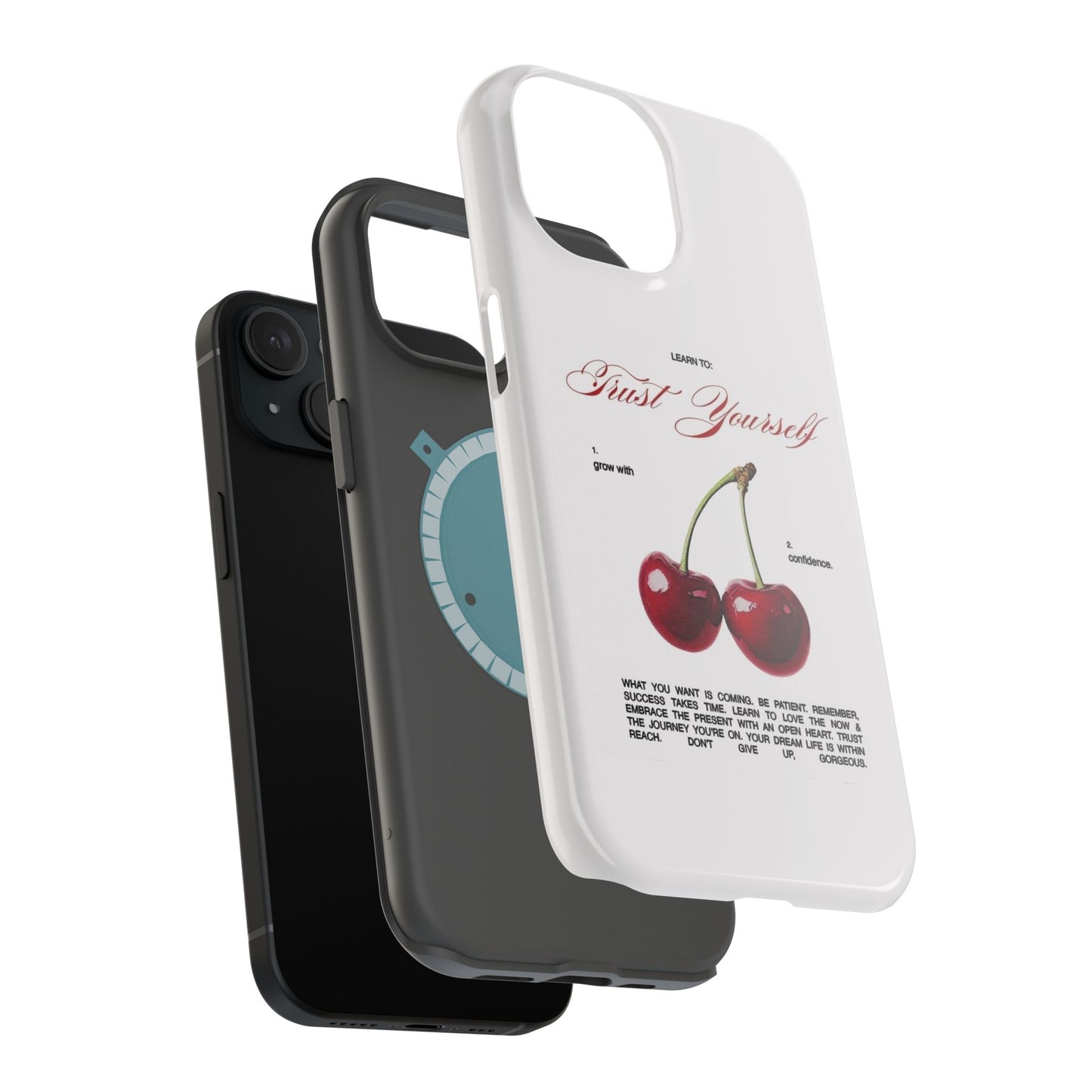 Magnetic IPhone Cases, Motivational Cherry Graphic, Fashionable Feminine Gift Idea, Durable Impact-Resistant, Fashion Accessory,