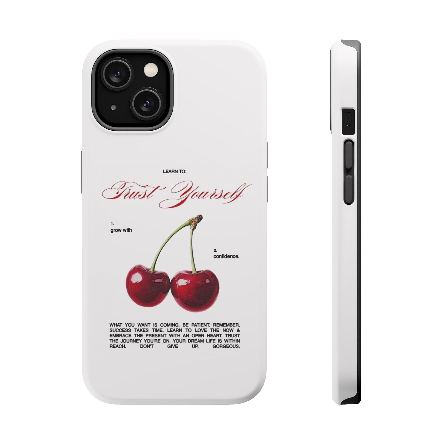Magnetic IPhone Cases, Motivational Cherry Graphic, Fashionable Feminine Gift Idea, Durable Impact-Resistant, Fashion Accessory,