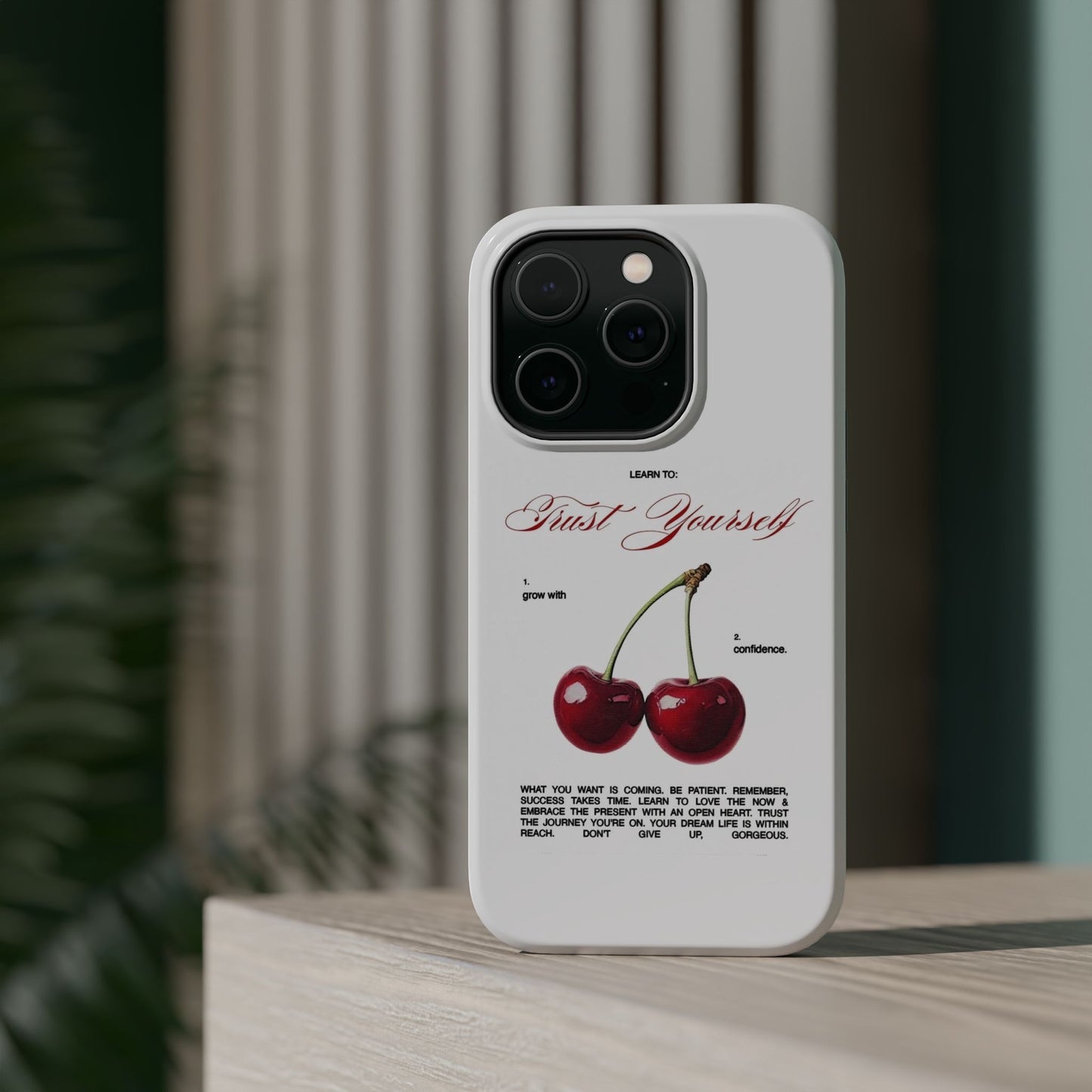 Magnetic IPhone Cases, Motivational Cherry Graphic, Fashionable Feminine Gift Idea, Durable Impact-Resistant, Fashion Accessory,
