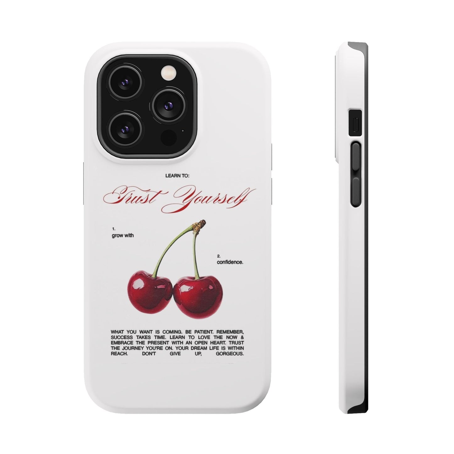 Magnetic IPhone Cases, Motivational Cherry Graphic, Fashionable Feminine Gift Idea, Durable Impact-Resistant, Fashion Accessory,