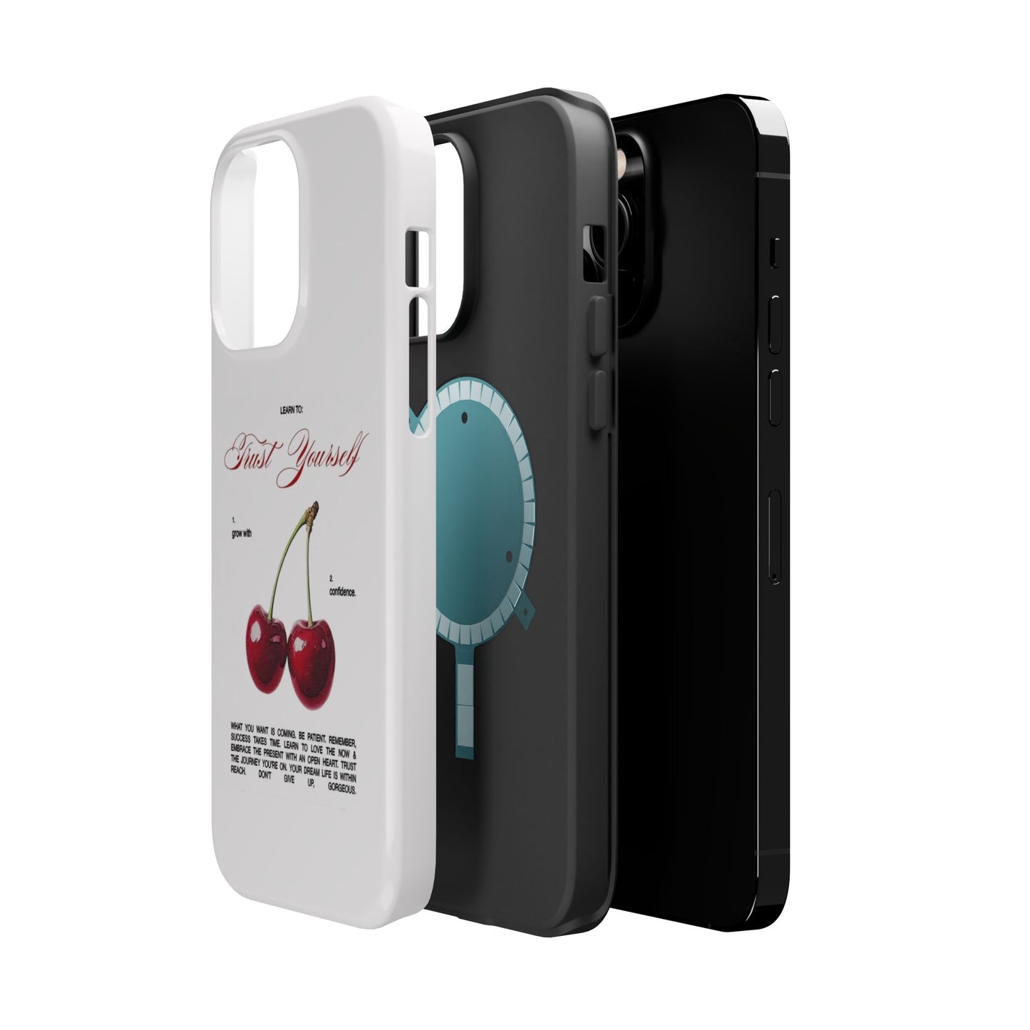 Magnetic IPhone Cases, Motivational Cherry Graphic, Fashionable Feminine Gift Idea, Durable Impact-Resistant, Fashion Accessory,