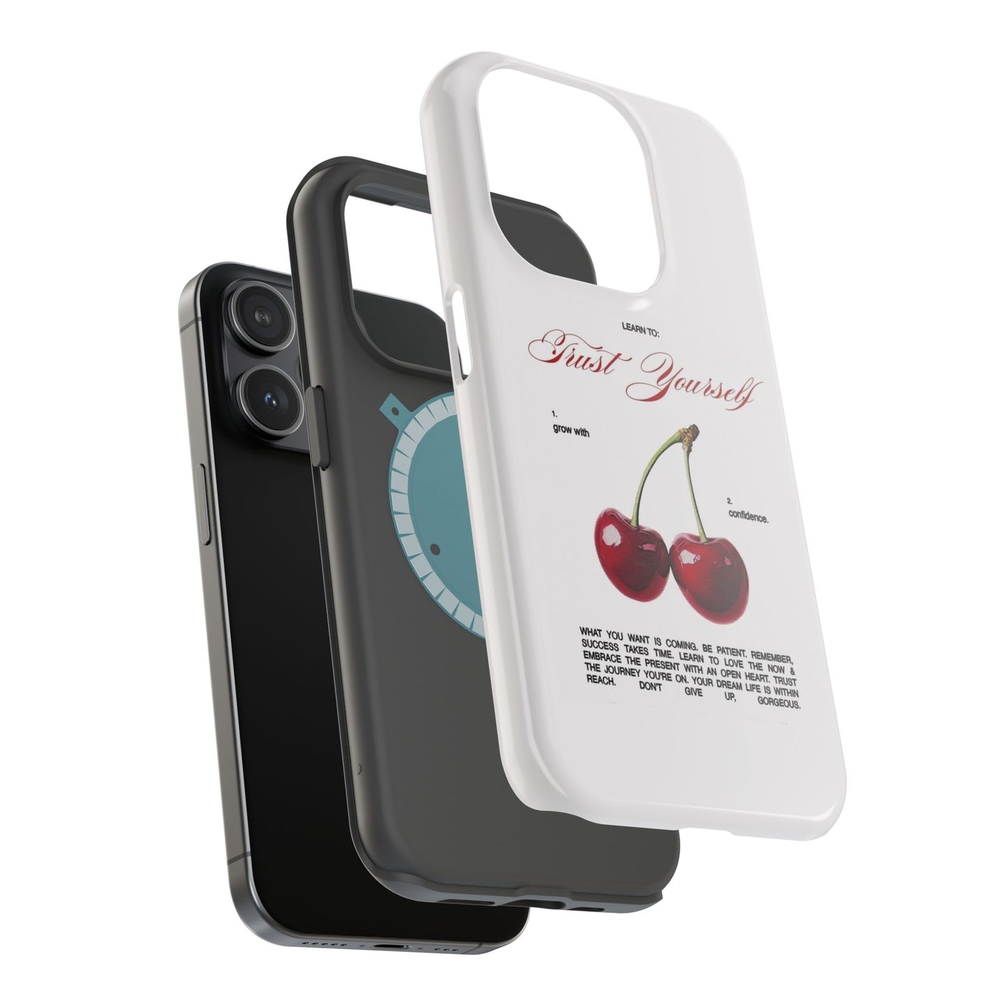 Magnetic IPhone Cases, Motivational Cherry Graphic, Fashionable Feminine Gift Idea, Durable Impact-Resistant, Fashion Accessory,