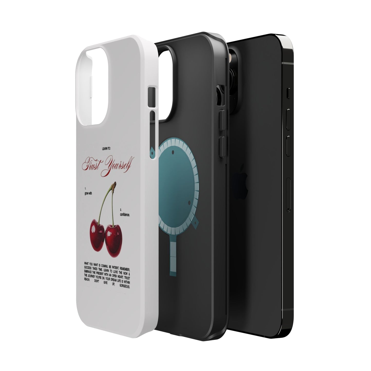 Magnetic IPhone Cases, Motivational Cherry Graphic, Fashionable Feminine Gift Idea, Durable Impact-Resistant, Fashion Accessory,