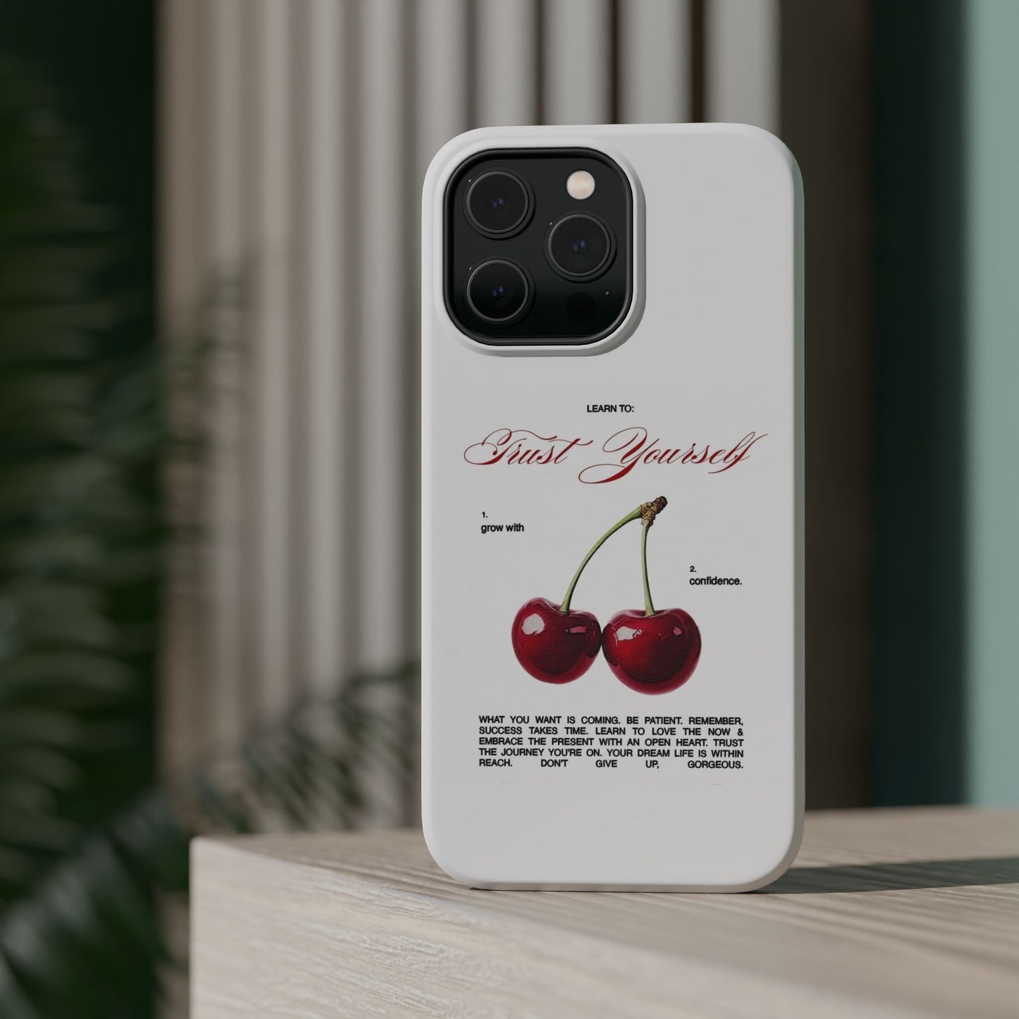 Magnetic IPhone Cases, Motivational Cherry Graphic, Fashionable Feminine Gift Idea, Durable Impact-Resistant, Fashion Accessory,