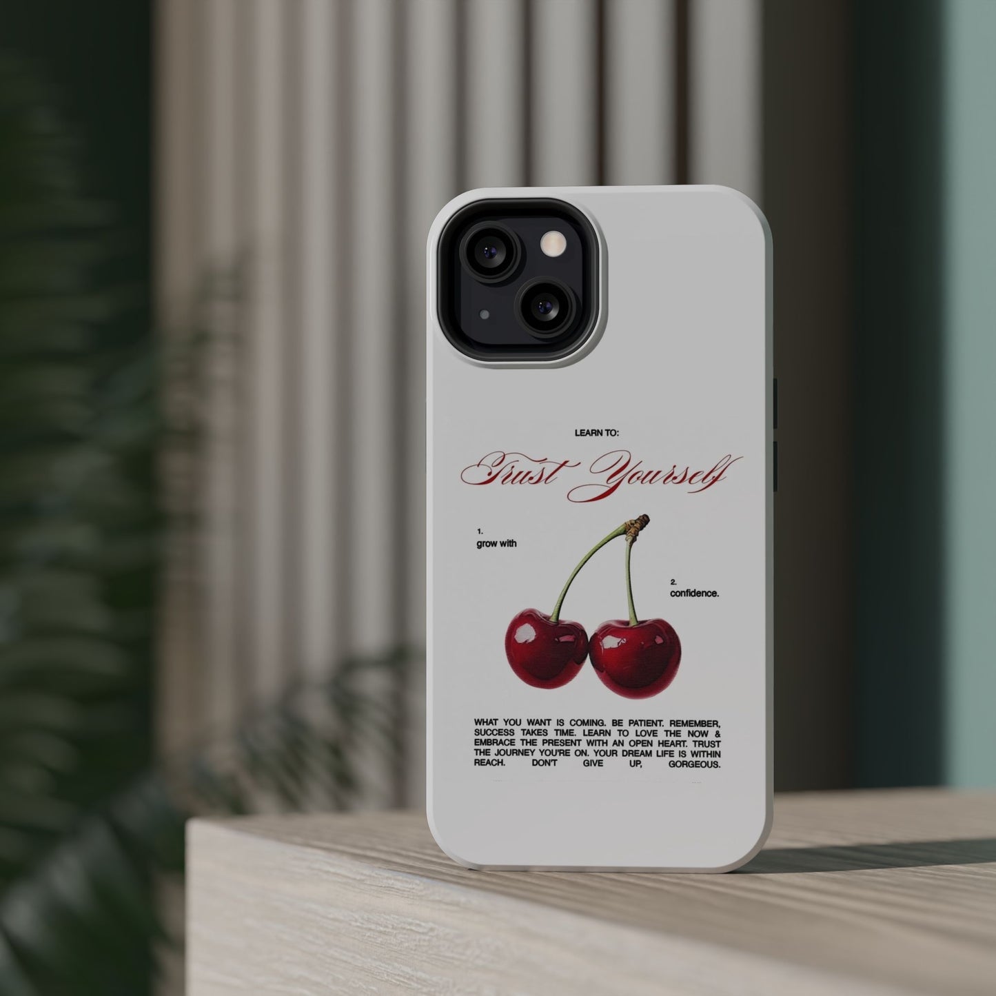 Magnetic IPhone Cases, Motivational Cherry Graphic, Fashionable Feminine Gift Idea, Durable Impact-Resistant, Fashion Accessory,