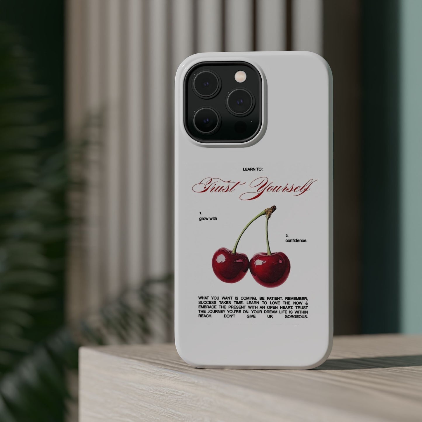 Magnetic IPhone Cases, Motivational Cherry Graphic, Fashionable Feminine Gift Idea, Durable Impact-Resistant, Fashion Accessory,