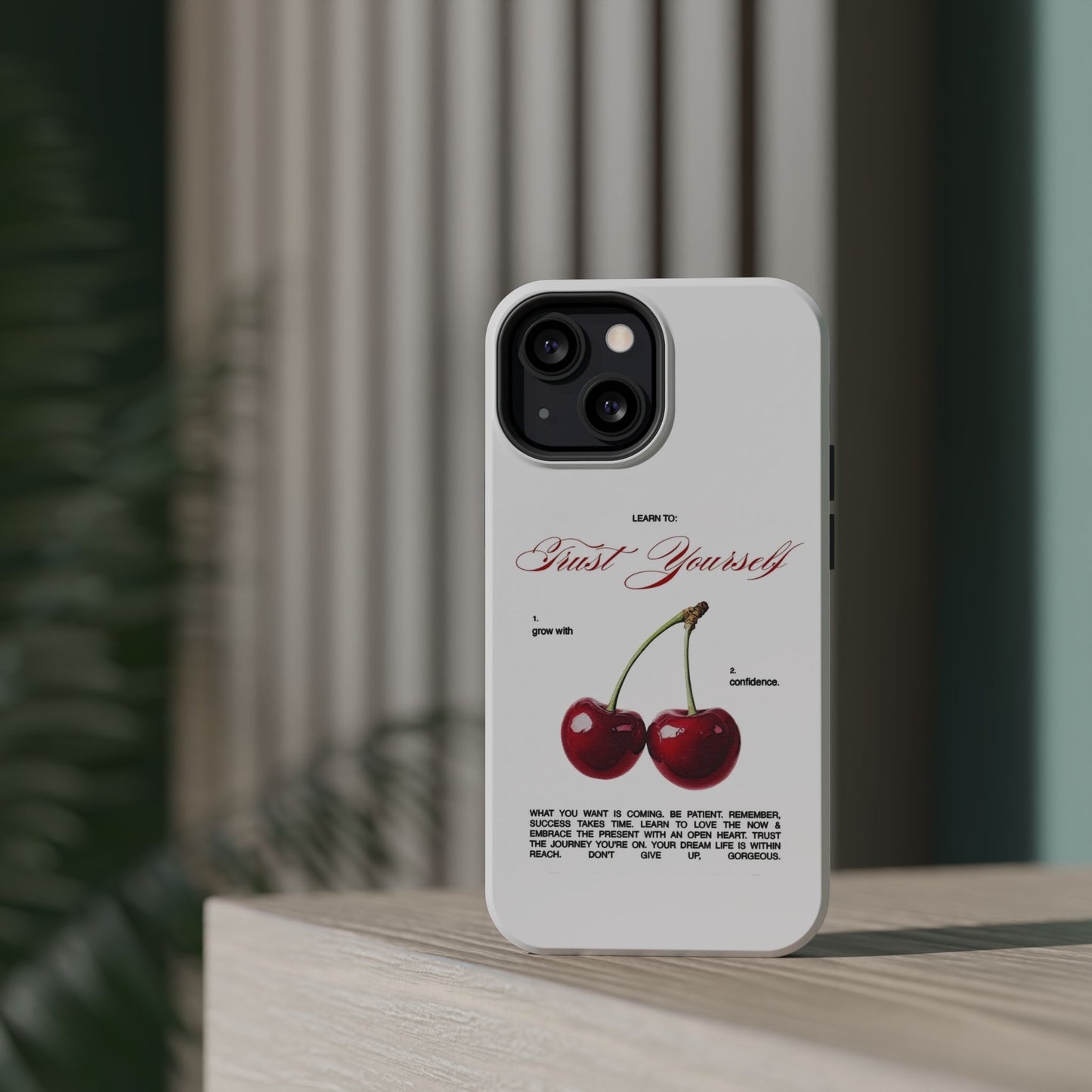 Magnetic IPhone Cases, Motivational Cherry Graphic, Fashionable Feminine Gift Idea, Durable Impact-Resistant, Fashion Accessory,