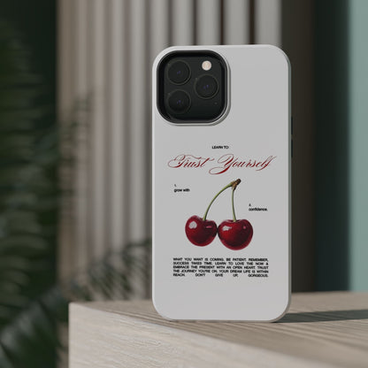 Magnetic IPhone Cases, Motivational Cherry Graphic, Fashionable Feminine Gift Idea, Durable Impact-Resistant, Fashion Accessory,