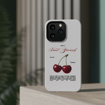 Magnetic IPhone Cases, Motivational Cherry Graphic, Fashionable Feminine Gift Idea, Durable Impact-Resistant, Fashion Accessory,
