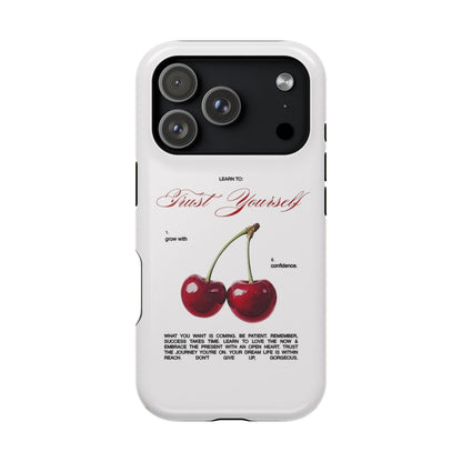 Magnetic IPhone Cases, Motivational Cherry Graphic, Fashionable Feminine Gift Idea, Durable Impact-Resistant, Fashion Accessory,